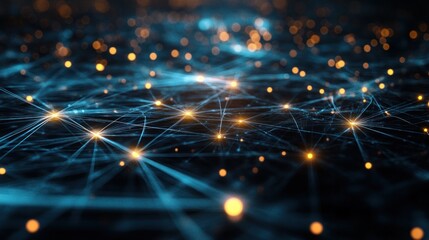 Poster - Abstract Network Connection: Digital Nodes and Lines Illuminated in Dark Blue and Orange