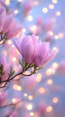 Poster - Pink magnolia flowers blooming on a bokeh background, creating a dreamy and romantic atmosphere