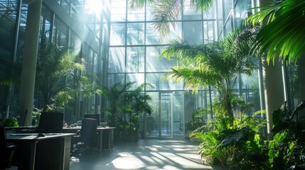 Poster - Modern office space with glass walls, desks, and plants, illuminated by sunlight.
