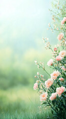 Poster - Delicate pink peonies bordering soft white blooms nestled in blurred verdant meadow, creating peaceful garden landscape
