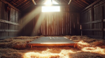 Poster - A sunlit barn interior with a wooden platform surrounded by hay, creating a serene atmosphere.