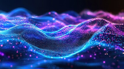 Poster - Abstract Digital Waveform: Neon Blue and Purple Particle Field