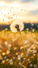 Aufkleber - Dandelion spreading seeds in the wind at sunset in a meadow, creating a magical atmosphere