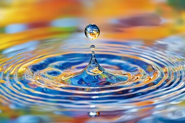 Poster - Vibrant Water Drop Impact Abstract Colorful Ripples Stunning Blue Yellow Orange Liquid Splash Macro Photography Nature Beauty Artistic Water          