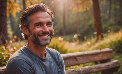 Aufkleber - Man with a beard and gray hair is smiling and sitting on a bench in a park. Concept of happiness and relaxation, as the man is enjoying his time outdoors