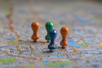 Poster - Colorful Location Markers on Detailed City Map Navigation Planning Travel Route Destination Pins Journey Trip Road Map Background Image way blue sign 