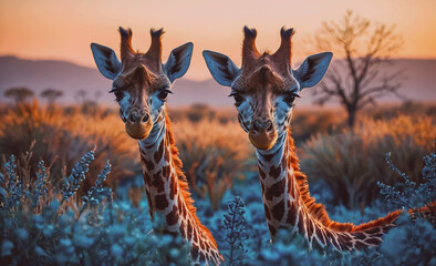 Poster - Two giraffes are standing in a field of tall grass. The sun is setting, casting a warm glow over the scene. The giraffes are looking at the camera, seemingly curious about the photographer