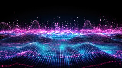 Poster - Abstract Digital Landscape: Neon Waves of Data