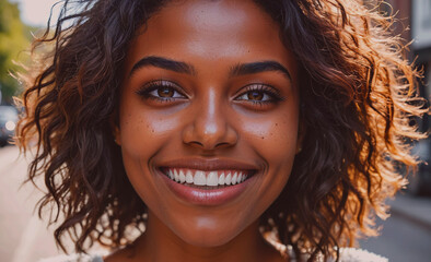 Poster - Woman with dark hair and a big smile. She is wearing a white shirt. Concept of happiness and positivity