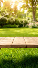 Aufkleber - Wooden table nestled among verdant grass and trees, bathed in golden sunset warmth, ideal for rustic product staging