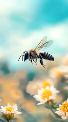 Poster - Honey bee hovering near white-yellow blossoms, wings spread, gathering nectar against soft blue sky backdrop