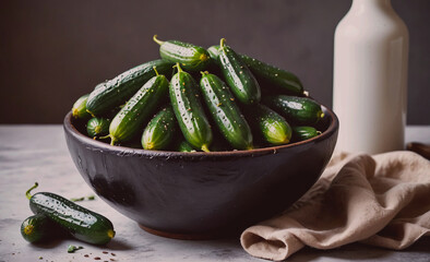 Poster - Bowl of pickled cucumbers sits on a table next to a bottle. The cucumbers are green and have been pickled, giving them a tangy flavor. The bowl is filled with many cucumbers