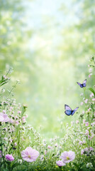 Poster - Beautiful wildflower meadow with two blue butterflies flying over it in a sunny summer day with copy space