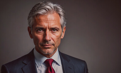 Poster - Man in a suit and tie with a red tie. He is looking at the camera. Concept of professionalism and seriousness