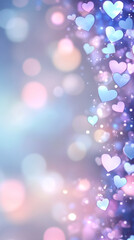 Poster - Soft pastel hearts drifting across blurred luminous background, creating dreamy romantic atmosphere for love-themed designs and celebrations