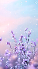 Aufkleber - Lavender flowers growing in a field under a pastel sky with bokeh effect, creating a dreamy and romantic atmosphere