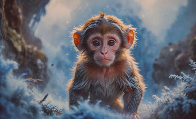 Poster - Baby monkey is standing in the snow. The image has a playful and lighthearted mood, as the baby monkey appears to be enjoying the cold weather
