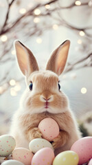 Poster - Adorable easter bunny holding colorful eggs with bokeh lights in the background, celebrating easter holidays
