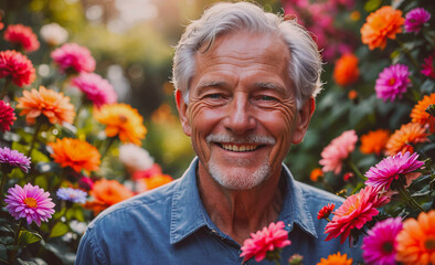 Aufkleber - Man is smiling in a field of flowers. The flowers are of various colors, including pink, orange, and purple. The man is surrounded by the flowers, and the scene conveys a sense of happiness and