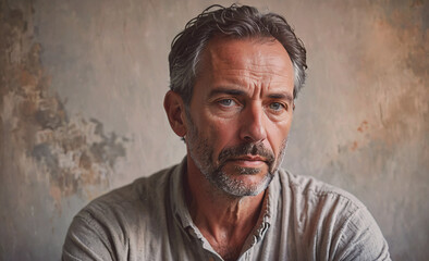 Poster - Man with a beard and gray hair is sitting in a room. He is looking at the camera with a serious expression