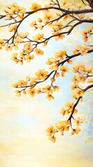 Aufkleber - Delicate watercolor depicting yellow blossoms branching against soft pastel sky, rendering peaceful spring landscape
