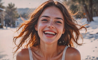 Aufkleber - Woman with long brown hair is smiling and laughing. She is wearing a white tank top and is standing on a beach