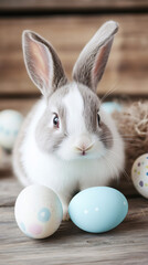 Poster - Adorable bunny surrounded by colorful easter eggs, celebrating the joy of Easter on a rustic wooden background