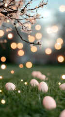 Poster - Easter eggs lying on grass under a blooming tree with bokeh lights in background, celebrating spring and Easter holidays