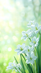 Poster - White blossoming flowers with verdant foliage nestled in sunlit garden, radiating tranquil botanical elegance