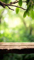 Aufkleber - Wooden table positioned near verdant forest, soft bokeh background highlighting empty surface for seamless product presentation