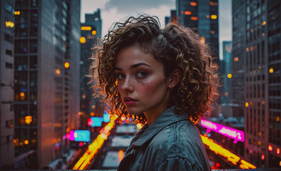Poster - Woman with curly hair stands in front of a city skyline. She is wearing a jacket and has a red lip. The image has a moody and urban feel to it, with the city lights