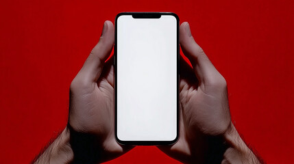 Poster - Smartphone held in hands displays blank white screen against red background Smartphone screen held by two hands showcasing blank display Smartphone held in two hands against vibrant red backdrop