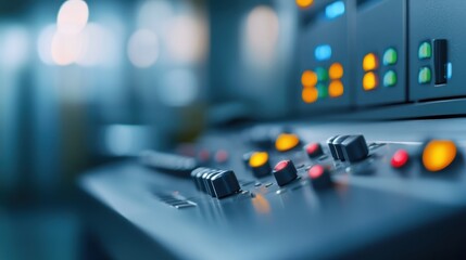 Poster - Control panel highlighting illuminated buttons and switches, revealing precise technological management within advanced electronic systems and high tech control interfaces