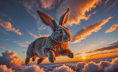 Poster - Rabbit is flying through the sky with the sun setting in the background. The rabbit is happy and carefree as it soars through the clouds