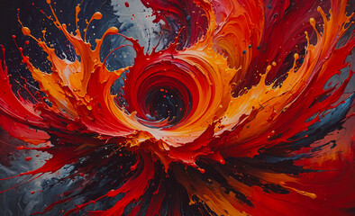 Poster - Painting of a red and orange swirl with black and gray splatters. The painting has a chaotic and energetic feel to it, with the colors and shapes creating a sense of movement and excitement