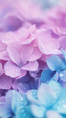 Poster - Purple hydrangea petals glistening with morning dew, blending soft lavender and blue tones in serene botanical close-up composition