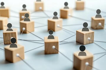Fototapete - A visual representation of a business network, featuring wooden blocks with human icons connected by lines, symbolizing teamwork, management, and organizational structure in a corporate environment