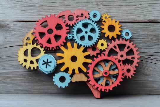 Colorful wooden gears interact with a human brain, symbolizing unique thinking patterns, individuality, and creative problem-solving associated with autism and neurodiverse minds.