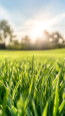 Poster - Green grass swaying in sunlit meadow, symbolizing freshness, spring vitality, natural renewal