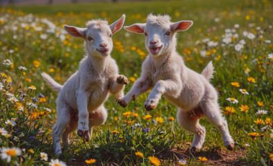 Poster - Two baby goats playing in a field of flowers. One goat is jumping in the air. The other goat is standing still
