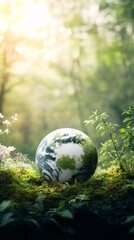 Poster - Tiny world perched on verdant moss, reflecting global conservation efforts amid lush forest sunlight