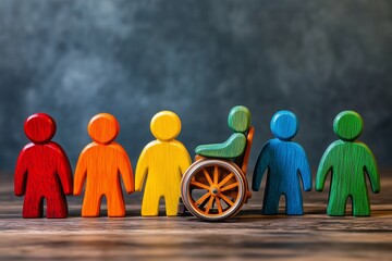 Fototapete - diversity and inclusion concept with wooden people figures of different color including wheelchair user