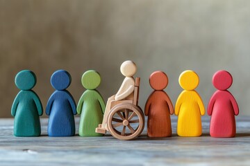 Fototapete - diversity and inclusion concept with wooden people figures of different color including wheelchair user