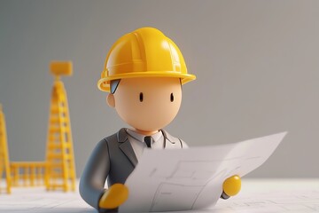 Fototapete - Faceless Cartoon Construction Worker wear grey suit reading constuction plan. Generic light brown 3d Cartoon Figure Wearing Yellow Hard Hat grey suit on white background.