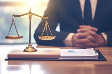 Fototapete - Hand put wooden block with human team icon and justice scales on table, simple background, high resolution photography, professional color grading