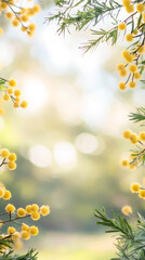 Aufkleber - Yellow mimosa flowers framing a beautiful bokeh background with sunlight, perfect for spring and summer themes