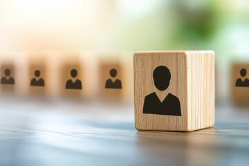 Fototapete - Human resources or HR manager simplified icon depicting a human figure, mugshot-style blocks for choosing a new employee during the job hunting process, a blurred background with copy space.