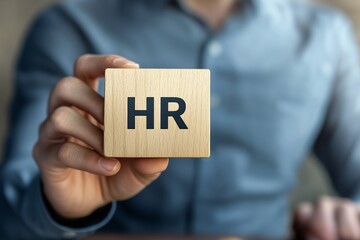 Fototapete - Man holding HR word on wooden cube.