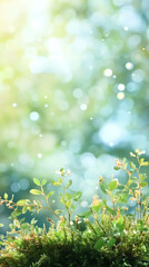 Poster - Verdant moss bed nurturing delicate seedlings, soft bokeh blending background into dreamy, ethereal landscape