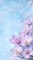 Aufkleber - Lavender crocuses emerging against blurred blue backdrop, signaling springtime softness with gentle bokeh lighting